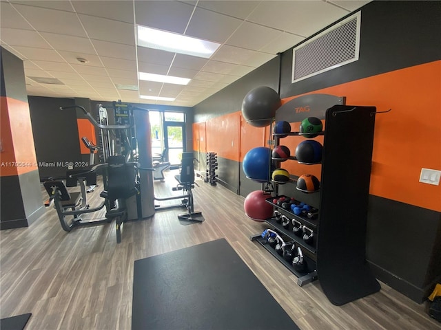 workout area featuring hardwood / wood-style floors and a drop ceiling