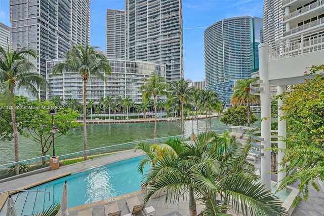 view of pool with a water view