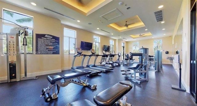 workout area with ceiling fan, a raised ceiling, and a wealth of natural light