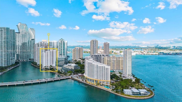 bird's eye view with a water view