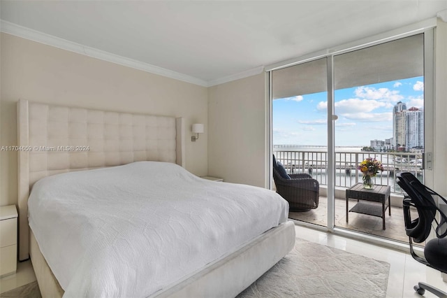 bedroom with access to exterior, tile patterned flooring, expansive windows, a water view, and ornamental molding