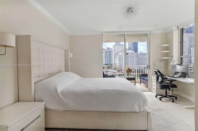 tiled bedroom featuring ornamental molding, access to outside, and multiple windows