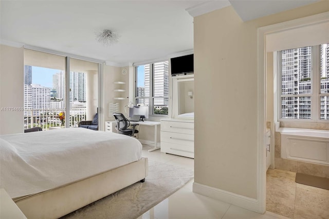 bedroom with crown molding and light tile patterned floors