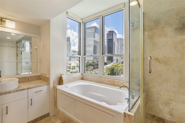 bathroom with vanity, plus walk in shower, and a wealth of natural light