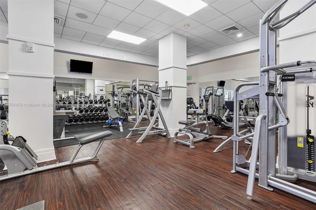 workout area featuring hardwood / wood-style floors and a drop ceiling