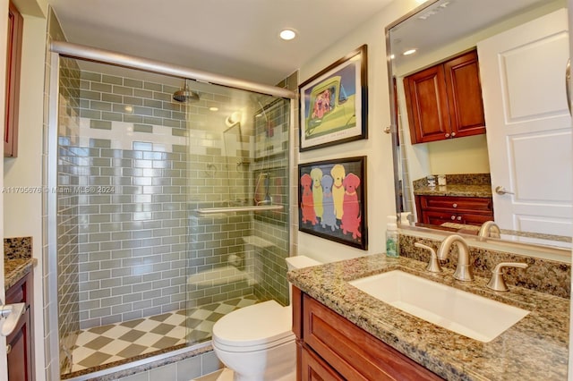 2687 N Ocean Blvd Unit 402-G, Boca Raton, FL 33431 - bathroom featuring vanity, a shower stall, toilet, and recessed lighting
