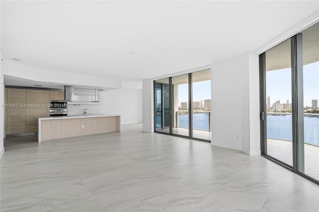 unfurnished living room with a water view, a wall of windows, and sink