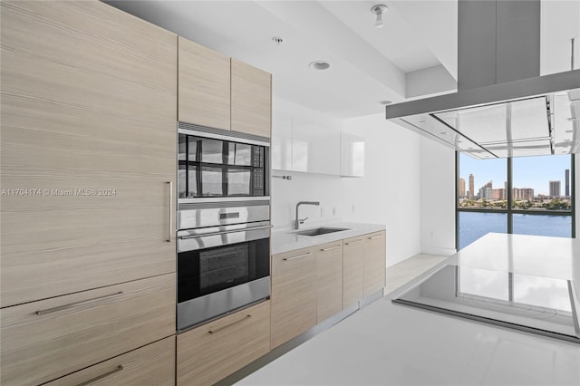 kitchen with sink, stainless steel appliances, island exhaust hood, light brown cabinetry, and a water view