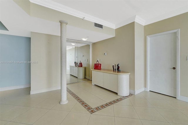 20281 E Country Club Dr Unit 2104, Aventura, FL 33180 - hallway with tile patterned floors, a water view, baseboards, ornamental molding, and ornate columns