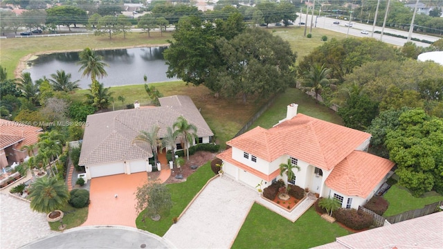 aerial view featuring a water view