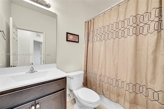 full bathroom featuring vanity, toilet, and shower / bathtub combination with curtain