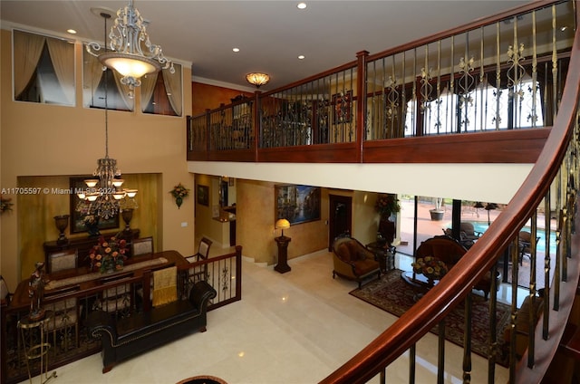 12040 N Eagle Trace Blvd N, Coral Springs, FL 33071 - building lobby with a high ceiling, recessed lighting, stairway, and ornamental molding