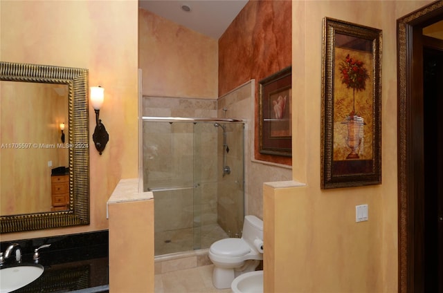 bathroom featuring sink, a bidet, a shower with shower door, and toilet