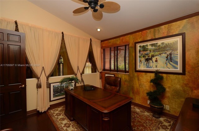 office area with ceiling fan, dark hardwood / wood-style floors, crown molding, and vaulted ceiling