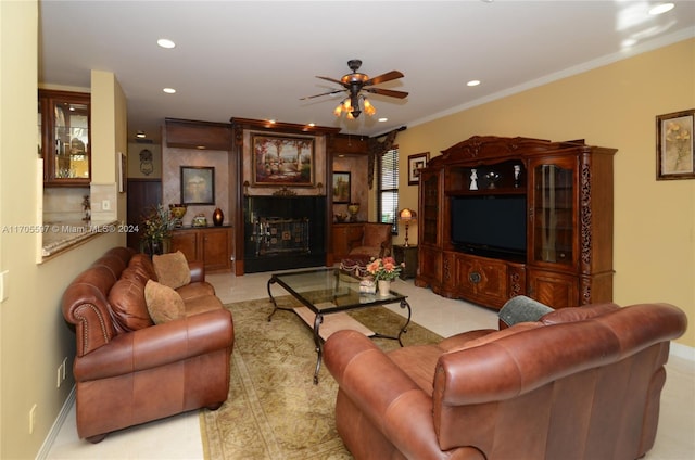 12040 N Eagle Trace Blvd N, Coral Springs, FL 33071 - living room with a ceiling fan, recessed lighting, and crown molding