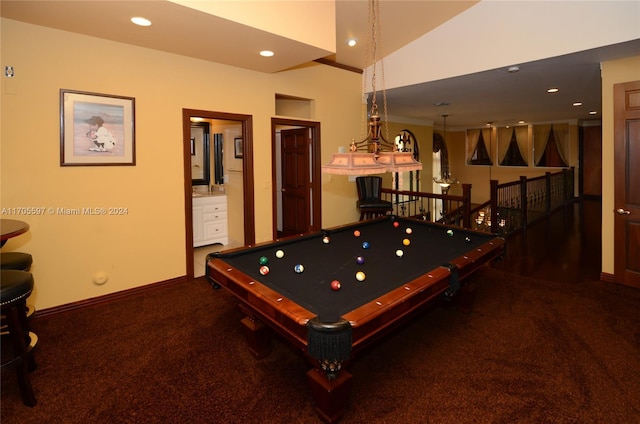 rec room featuring carpet, pool table, and vaulted ceiling