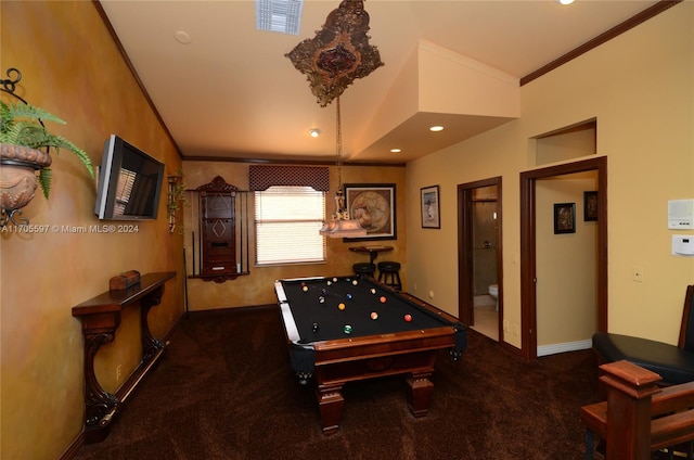 playroom with vaulted ceiling, dark carpet, crown molding, and pool table