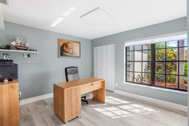 home office featuring a wealth of natural light and light hardwood / wood-style flooring