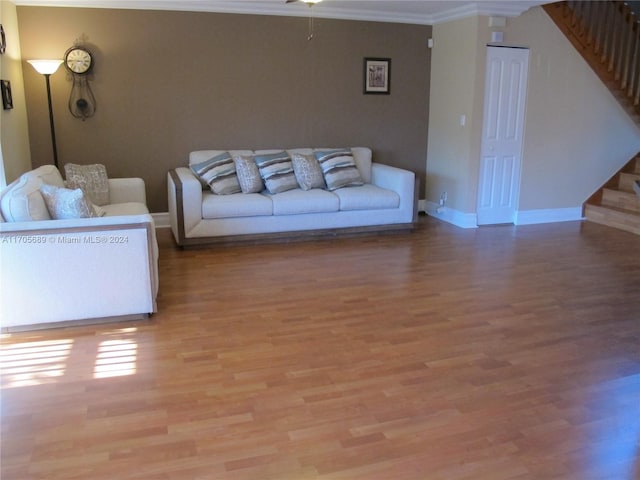 living room featuring hardwood / wood-style flooring and crown molding