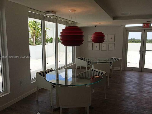 dining space with dark wood-type flooring and french doors