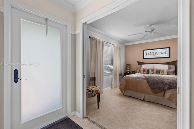 bedroom featuring light tile patterned floors, ceiling fan, and ornamental molding