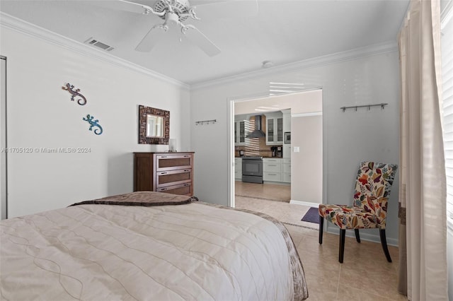 tiled bedroom with ceiling fan and crown molding