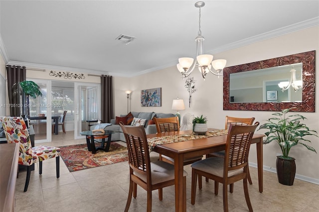 tiled dining area featuring crown molding and a chandelier