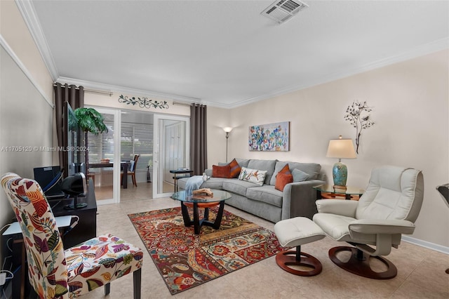 tiled living room with crown molding