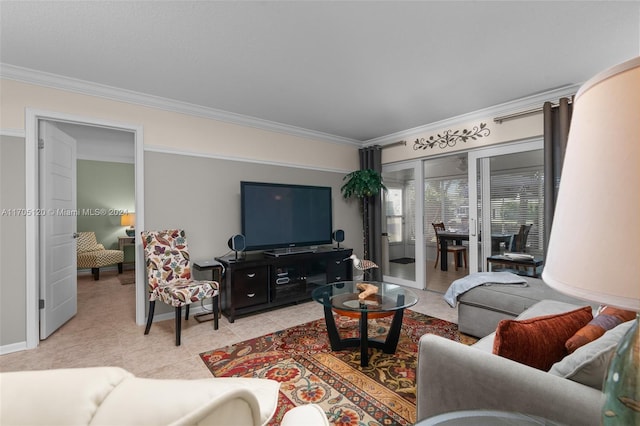 living room with crown molding