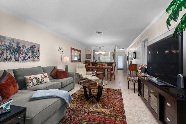 living room with light tile patterned flooring, crown molding, and an inviting chandelier