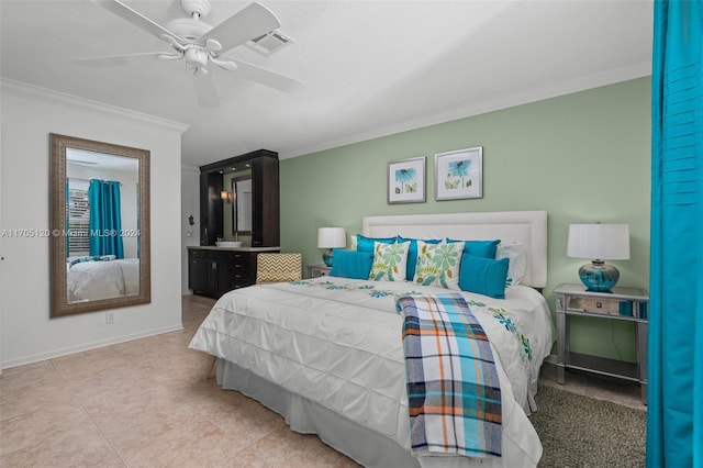 bedroom featuring ceiling fan and crown molding