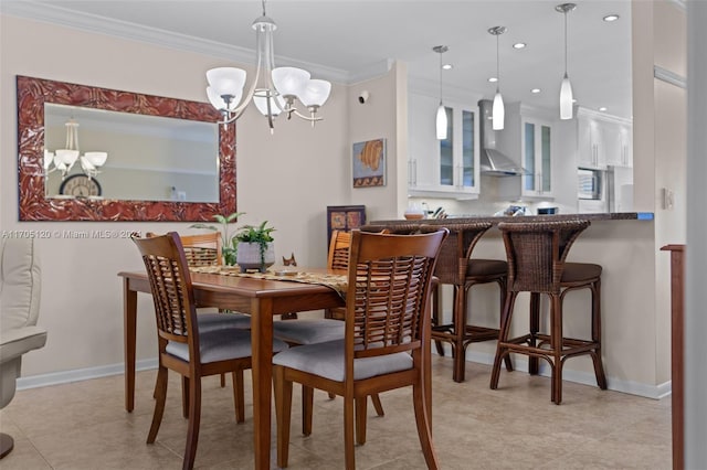 dining space featuring light tile patterned floors, ornamental molding, and a notable chandelier