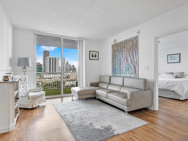 living room featuring a textured ceiling and hardwood / wood-style flooring