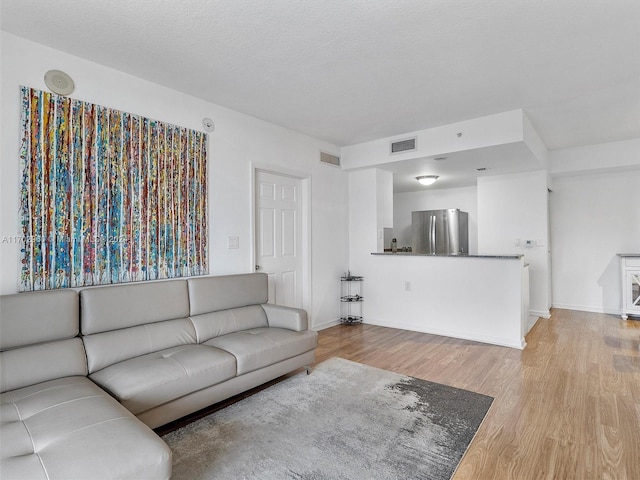 living room with a textured ceiling and light hardwood / wood-style floors