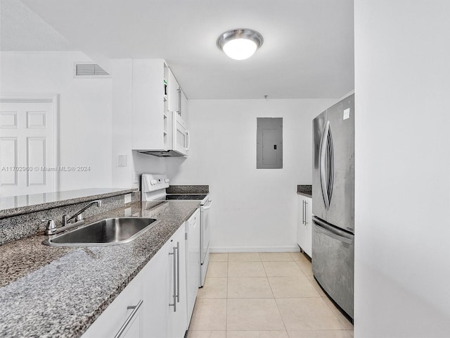 kitchen with white cabinetry, sink, electric panel, dark stone counters, and white appliances