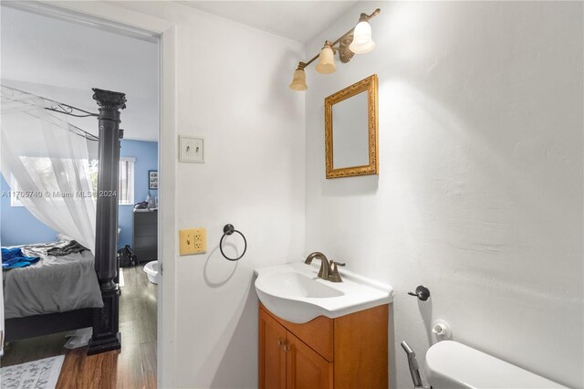 bathroom with vanity, hardwood / wood-style flooring, and toilet