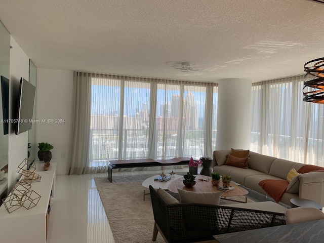 living room featuring a wealth of natural light and a textured ceiling