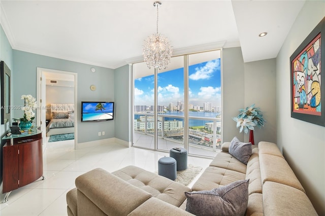 tiled living room with crown molding, a wall of windows, and a notable chandelier