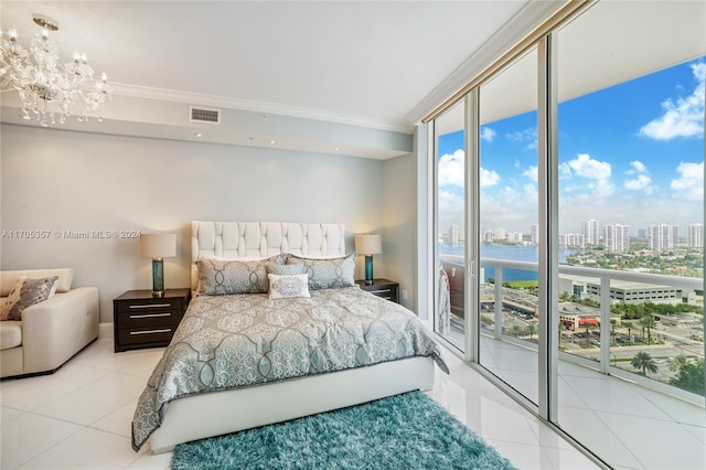 18101 Collins Ave Unit 1906, Sunny Isles Beach, FL 33160 - tiled bedroom featuring access to exterior, a view of skyline, a chandelier, and crown molding