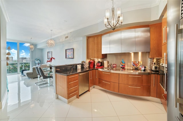 kitchen featuring dishwasher, backsplash, kitchen peninsula, crown molding, and decorative light fixtures