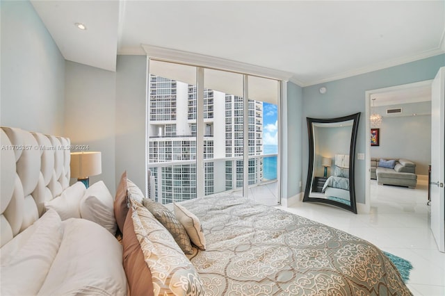 bedroom featuring access to exterior, light tile patterned floors, and ornamental molding