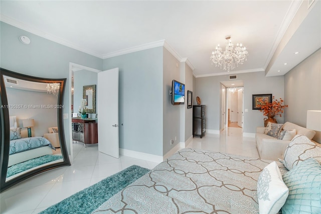 tiled bedroom featuring an inviting chandelier and ornamental molding