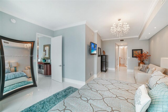 18101 Collins Ave Unit 1906, Sunny Isles Beach, FL 33160 - tiled bedroom with a chandelier, crown molding, and recessed lighting