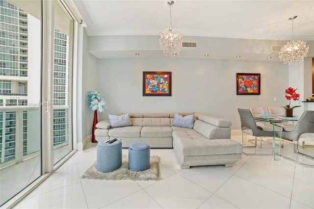 18101 Collins Ave Unit 1906, Sunny Isles Beach, FL 33160 - tiled living room featuring a chandelier and crown molding