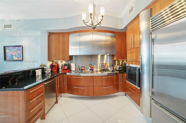 18101 Collins Ave Unit 1906, Sunny Isles Beach, FL 33160 - kitchen featuring stainless steel counters, stainless steel appliances, brown cabinets, modern cabinets, and crown molding