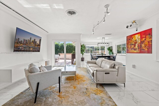 living room featuring a healthy amount of sunlight, crown molding, and french doors