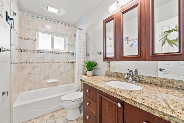 full bathroom with tile patterned flooring, vanity, toilet, and shower / tub combo with curtain