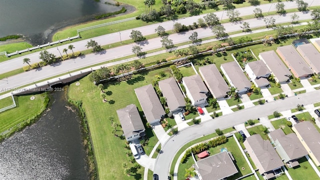 bird's eye view with a water view