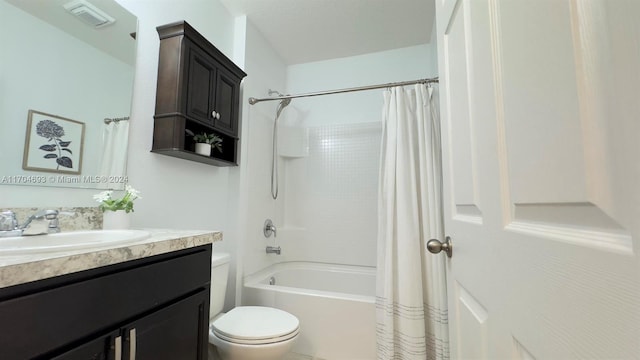 full bathroom with vanity, toilet, and shower / bathtub combination with curtain