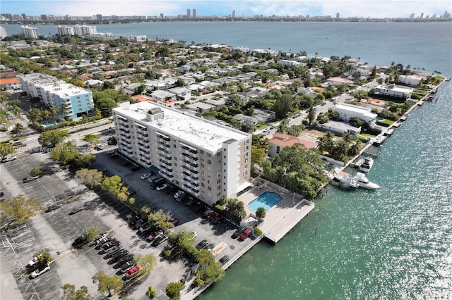 aerial view featuring a water view